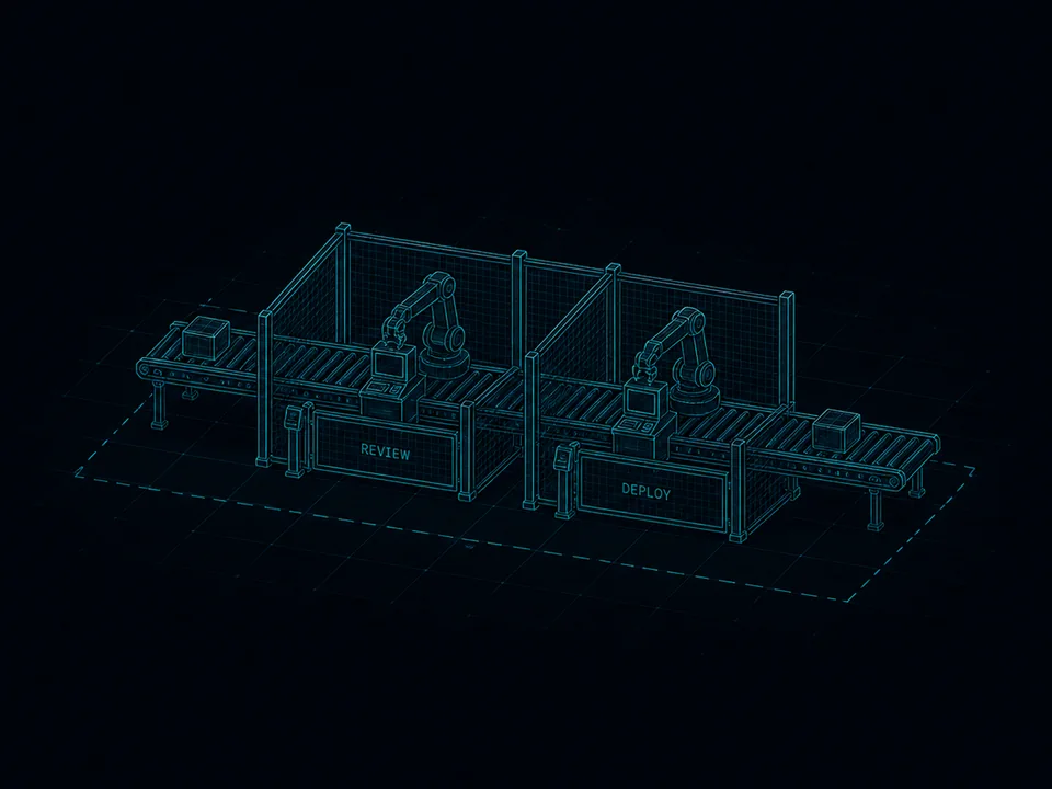 A conveyor outside the hall through two fenced cells, a review agent and a deploy agent, each with its own badge reader.