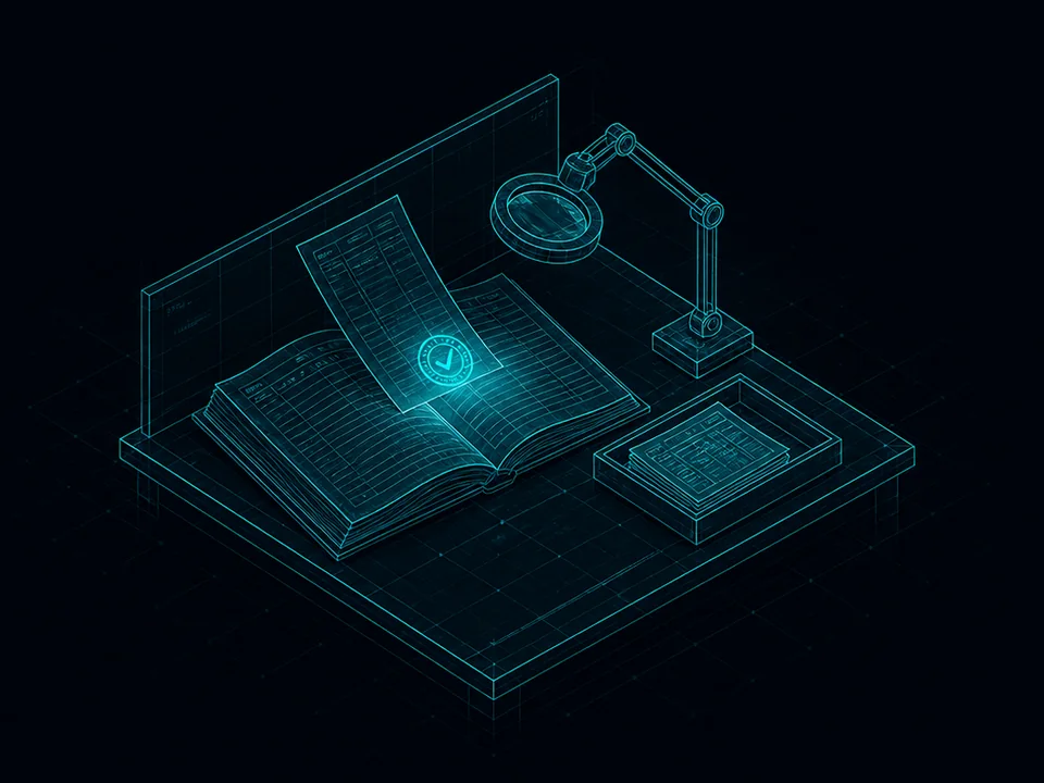 The logbook desk in the hall: an open ledger, a report landing on it with a fresh inspection stamp.