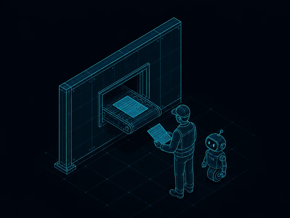 The hand-off window seen from outside: a person and a small robot receiving the stamped report.