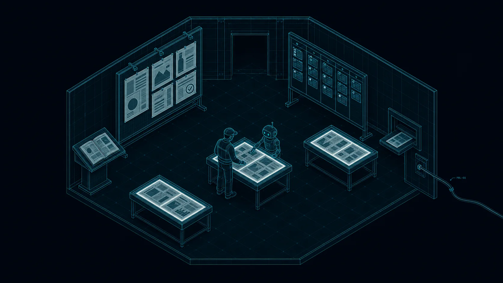 Blueprint of a studio floor with layout proofs, an approved sheet, brand book, traffic board and a publishing connector through the wall.
