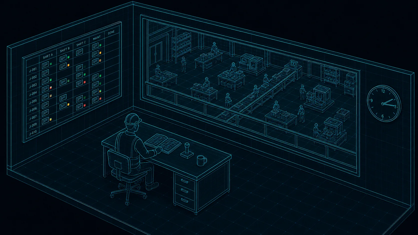 Blueprint of a foreman’s office overlooking a workshop, with a shift board, job cards, ledger and inspection stamp.