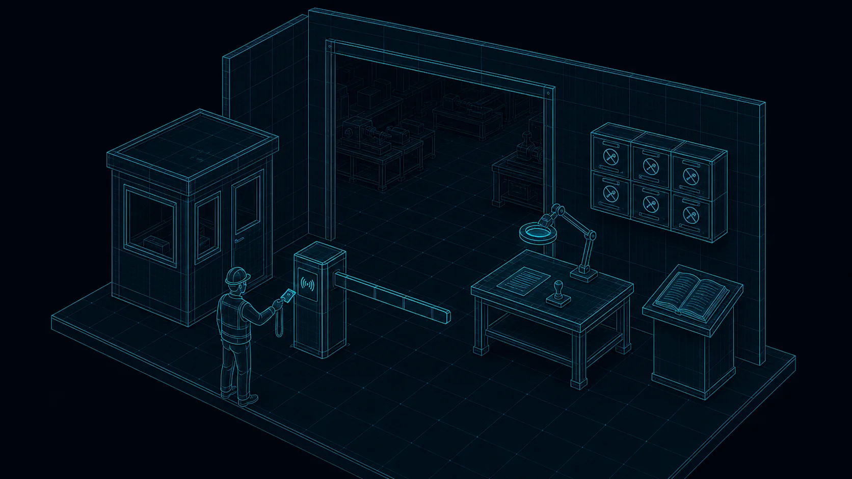 Blueprint of the hall’s gate and inspection bench, with a badge reader, barrier, report, inspection stamp and ledger.