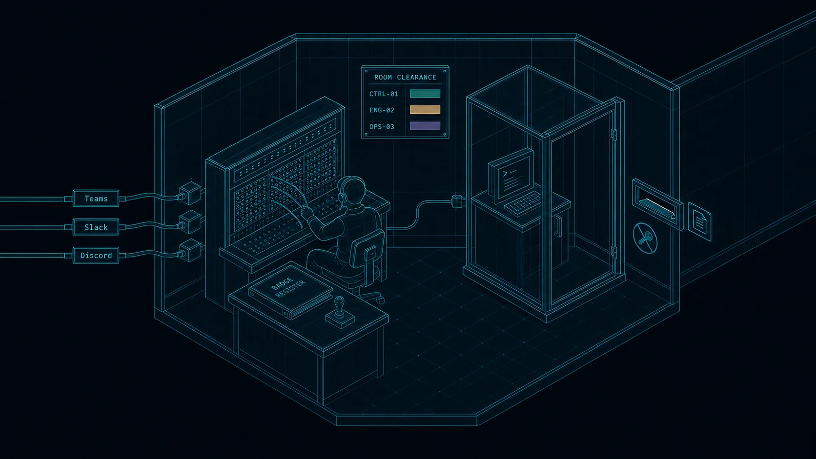 Blueprint illustration of a switchboard room at the hall’s entrance: an operator at a patch panel with three incoming lines labelled Teams, Slack and Discord, a badge register on the desk, a room-clearance board on the wall, a glass booth holding the agent terminal, and a narrow job-card slot into the hall.
