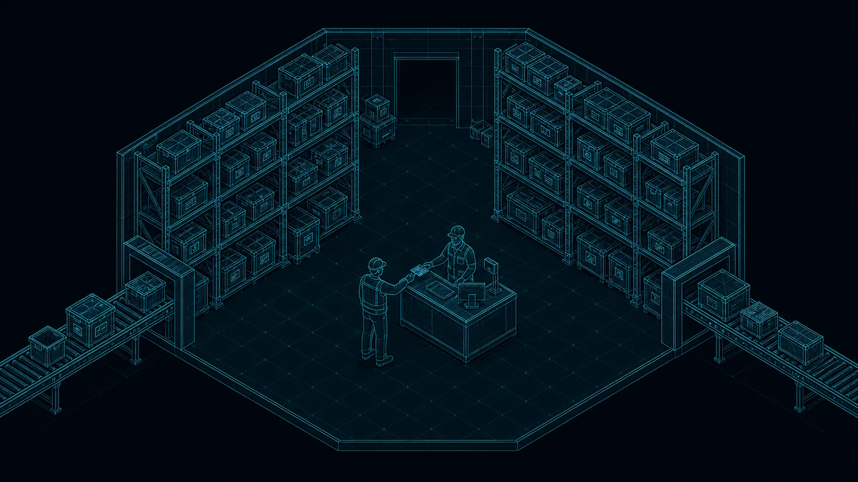 Blueprint illustration of a warehouse interior: shelving racks with labelled crates, a counter with a badge reader, one conveyor bringing crates in and another taking crates out.