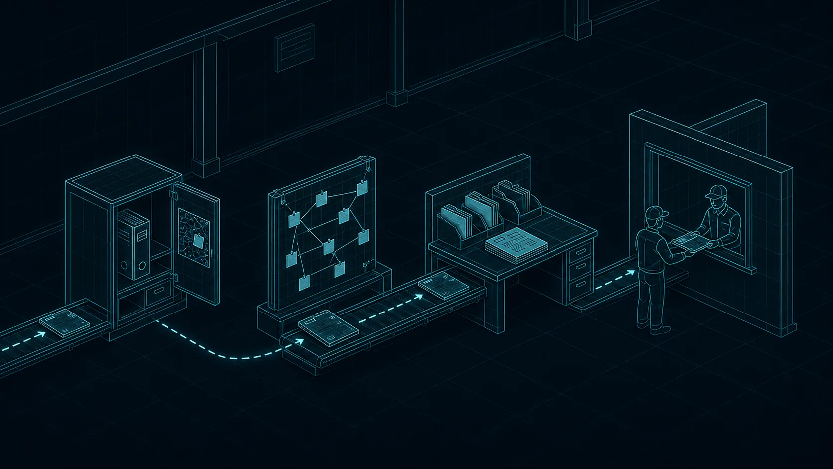 Blueprint illustration of a job card traveling through four stations: the project cabinet with its charter, the planning board with dependency strings, the desk where the brief is compiled, and the hand-off window.